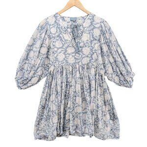 Ella Gray Floral Mini Dress Blue White Long Sleeve Pleated Tie Neck Cotton Sz S